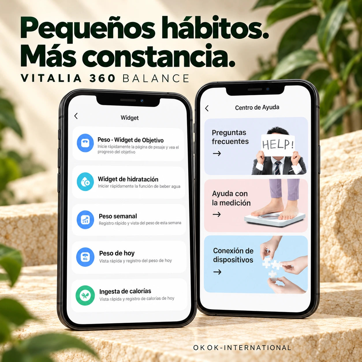 Accesos de peso, hidratación y calorías, y centro de ayuda de la app