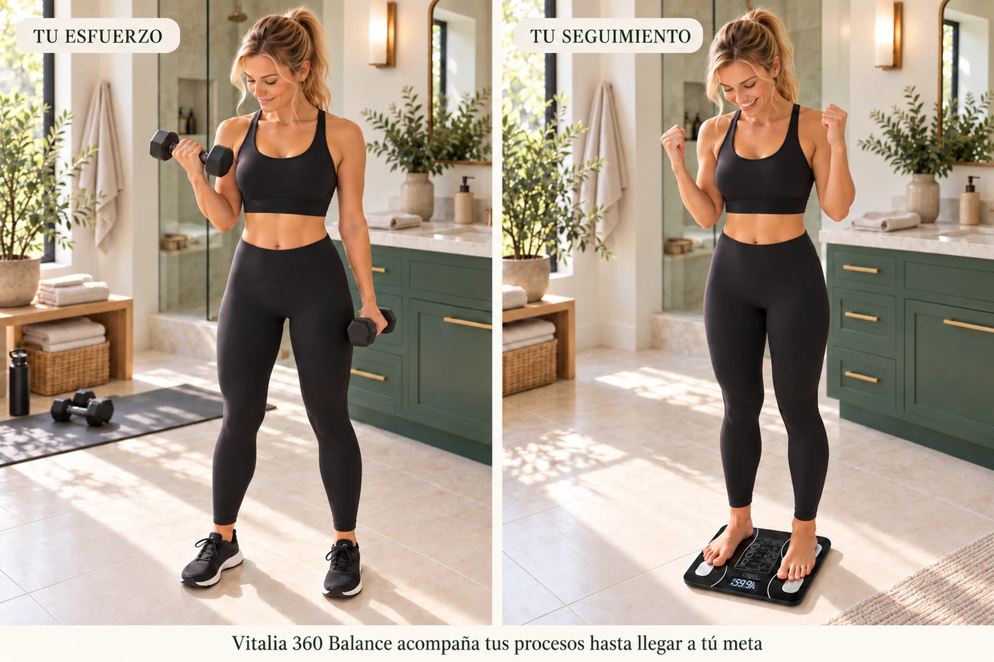 La misma mujer rubia con ropa deportiva negra: primero haciendo ejercicio con mancuernas y después sonriendo sobre la balanza. Escena ilustrativa.