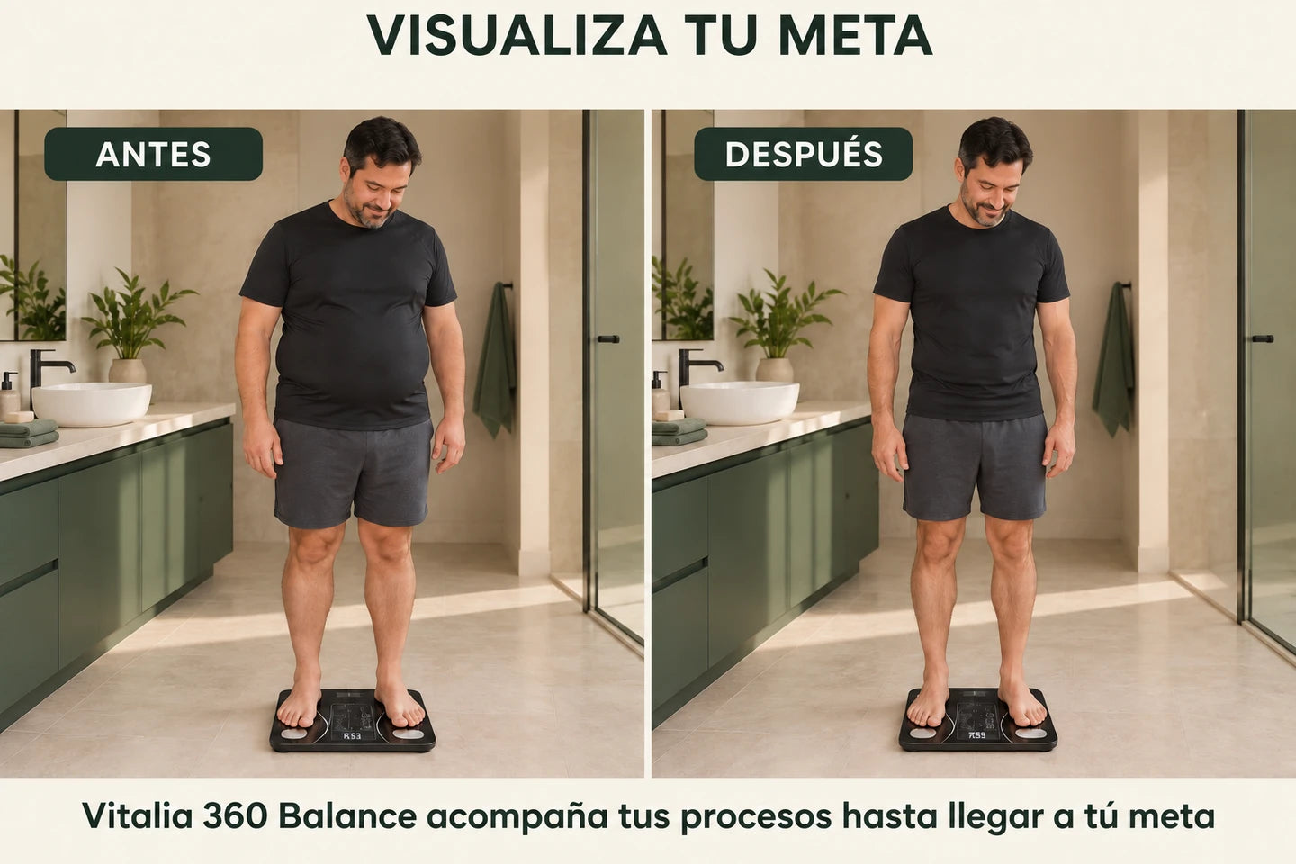 Antes y después imaginado del mismo hombre utilizando la balanza: ejemplo ilustrativo de una meta personal, no un resultado real del producto